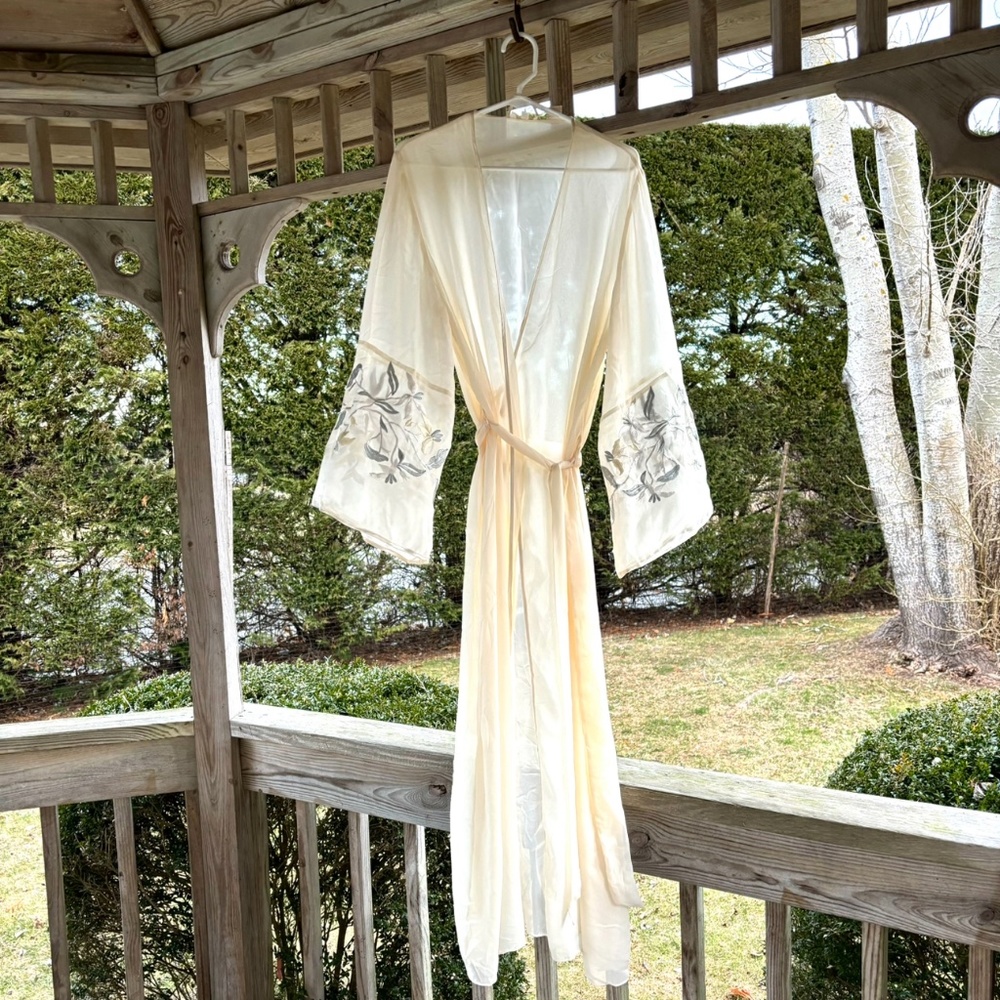 Vintage Ivory Silk Robe, Sheer, Embroidered Floral Bell Sleeves, Medium